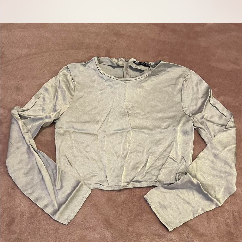 Zara Metallic Silver Long Sleeve Blouse